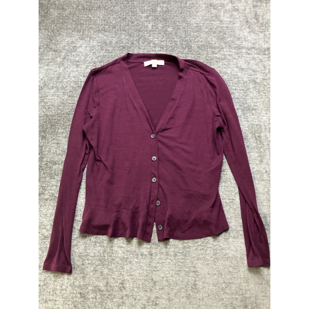 Loft Cardigan Sweater Womens Medium Burgundy V-Neck Long Sleeve Button Front - Picture 1 of 6